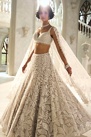Silver Net Sequins Embroidered Lehenga Set by Seema Gujral