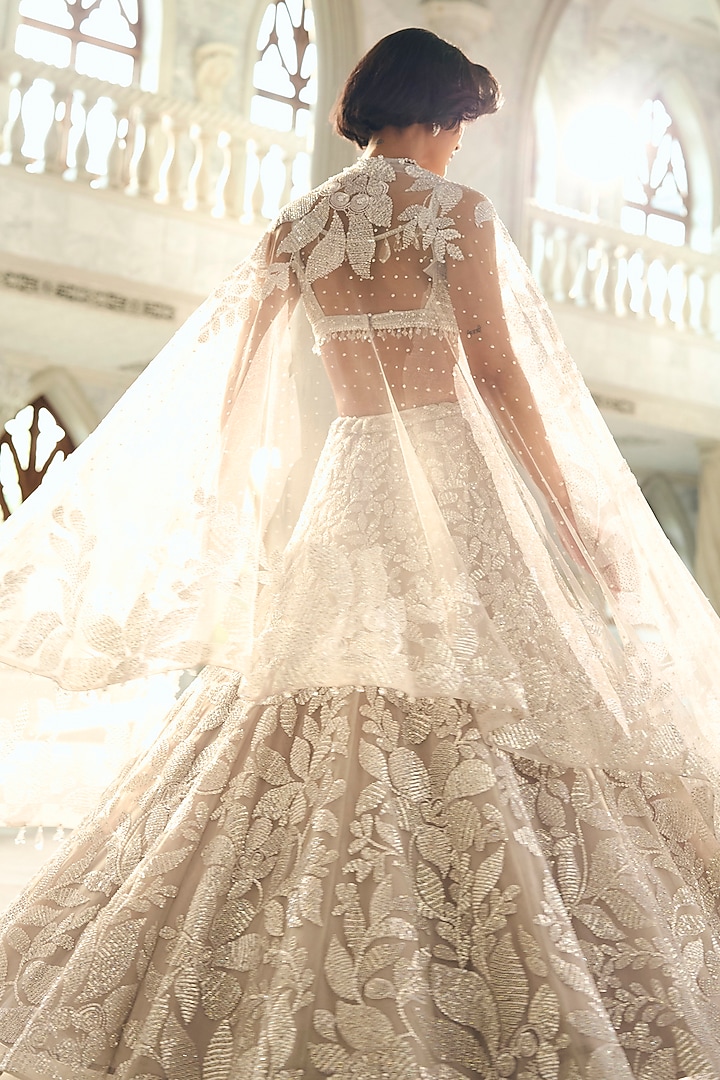 Silver Net Sequins Embroidered Bridal Lehenga Set by Seema Gujral at Pernia's Pop Up Shop