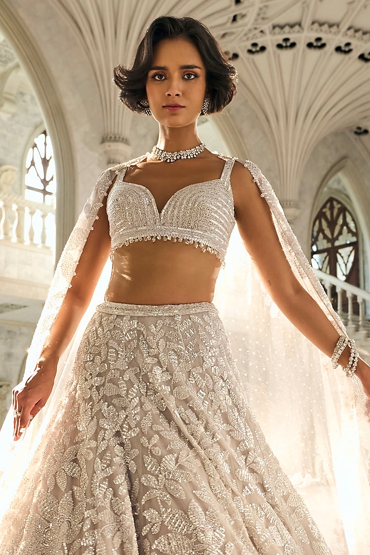 Silver Net Sequins Embroidered Bridal Lehenga Set by Seema Gujral at Pernia's Pop Up Shop