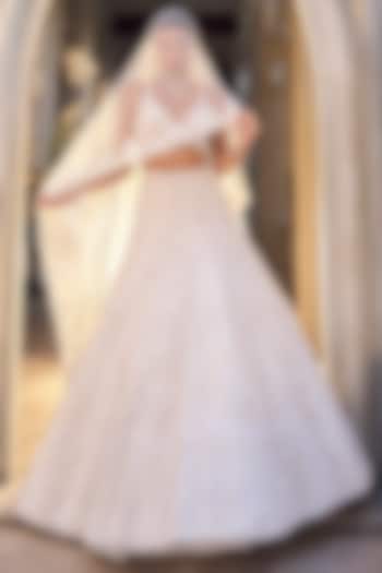 Ivory Net Pearl & Sequin Embroidered Bridal Lehenga Set by Seema Gujral at Pernia's Pop Up Shop