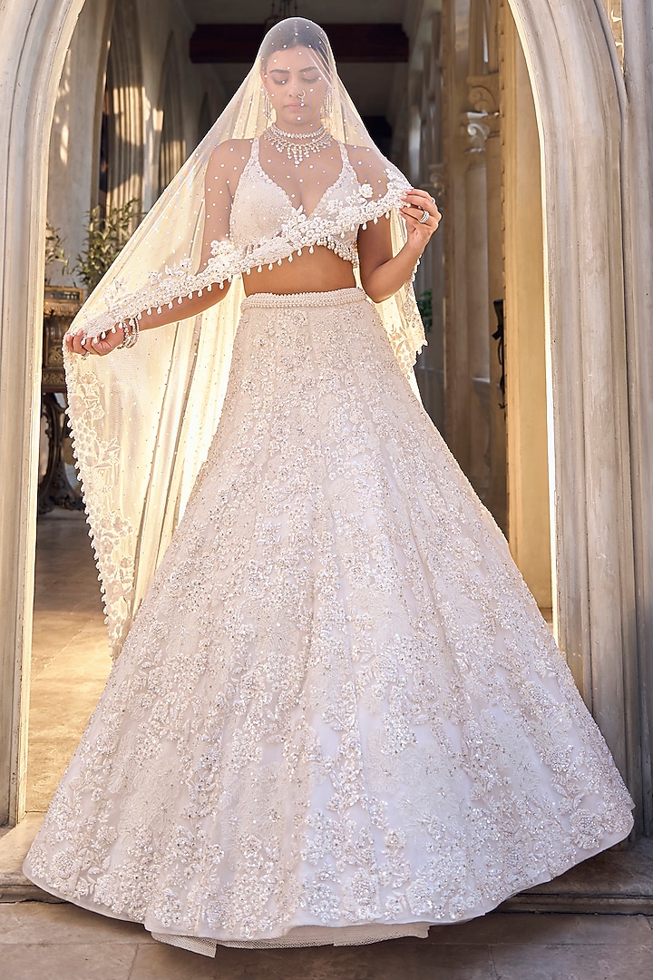 Ivory Net Pearl & Sequin Embroidered Bridal Lehenga Set by Seema Gujral at Pernia's Pop Up Shop