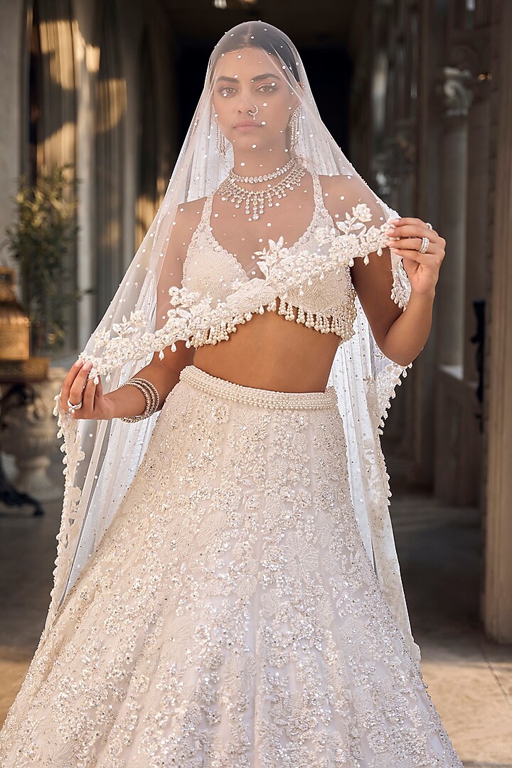 Ivory Net Pearl & Sequin Embroidered Bridal Lehenga Set by Seema Gujral at Pernia's Pop Up Shop