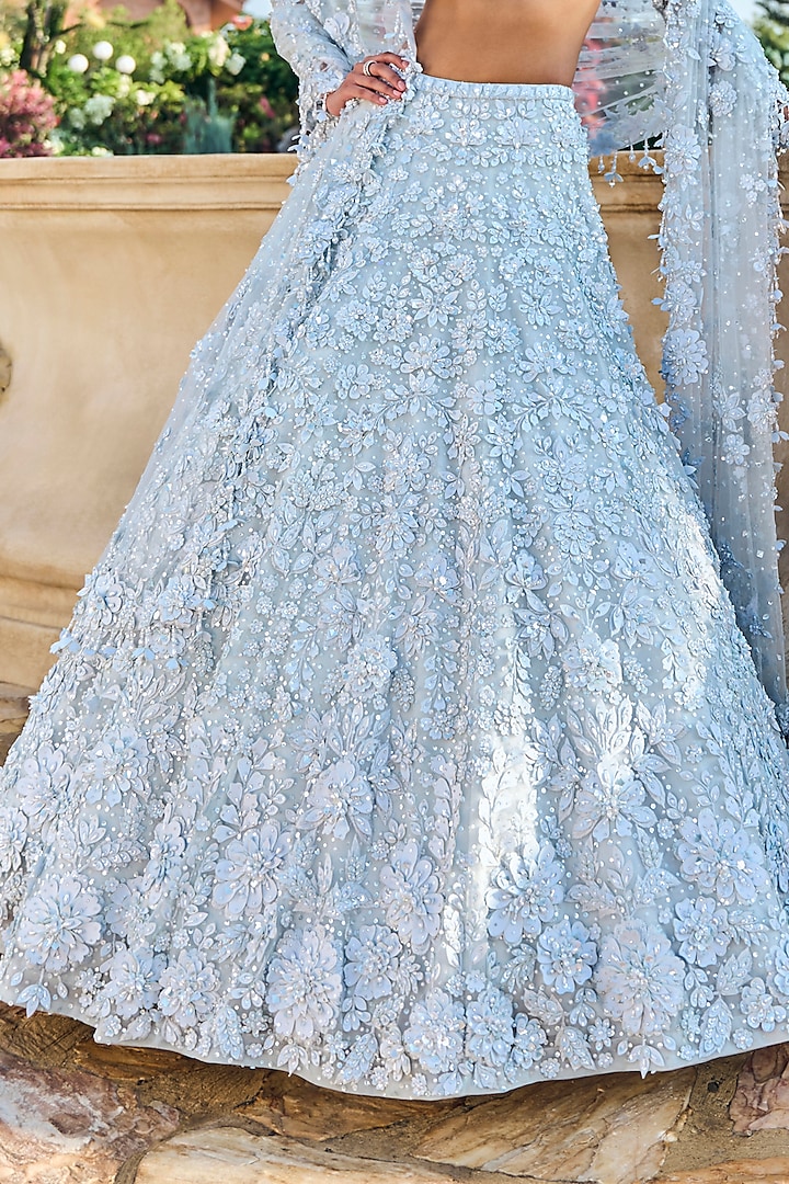 Powder Blue Net Sequins Embroidered Bridal Lehenga Set by Seema Gujral at Pernia's Pop Up Shop