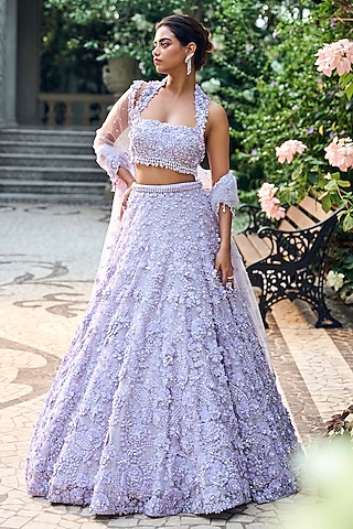 Lilac Net Sequins Embroidered Lehenga Set by Seema Gujral