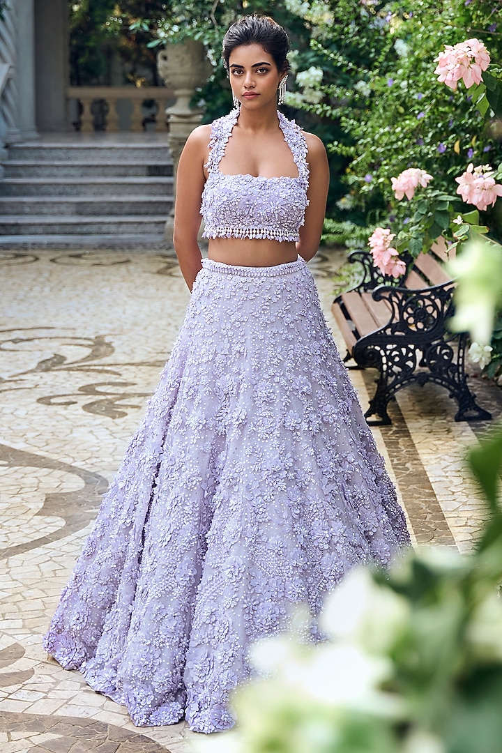 Lilac Net Sequins Embroidered Bridal Lehenga Set by Seema Gujral at Pernia's Pop Up Shop