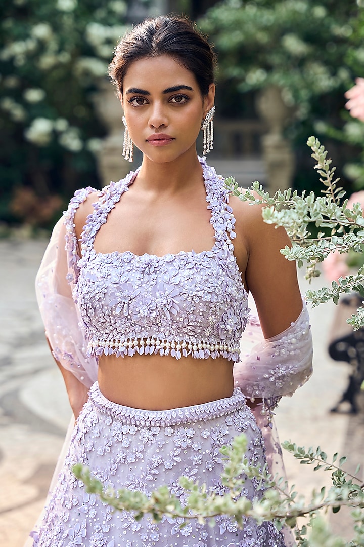 Lilac Net Sequins Embroidered Bridal Lehenga Set by Seema Gujral at Pernia's Pop Up Shop