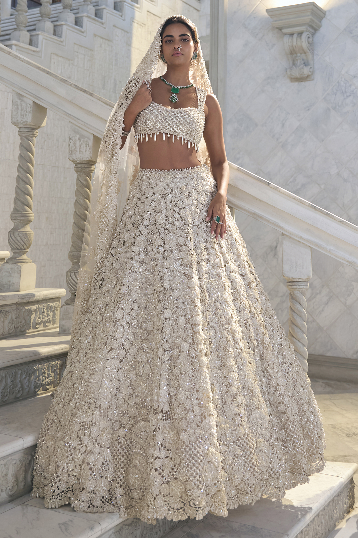 Ivory Net Crystal Embroidered Bridal Lehenga Set by Seema Gujral at Pernia's Pop Up Shop