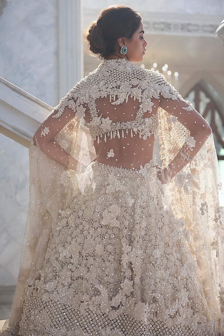 Ivory Net Crystal Embroidered Bridal Lehenga Set by Seema Gujral at Pernia's Pop Up Shop