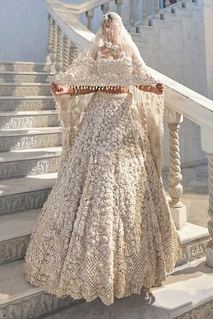 Ivory Net Crystal Embroidered Bridal Lehenga Set by Seema Gujral at Pernia's Pop Up Shop