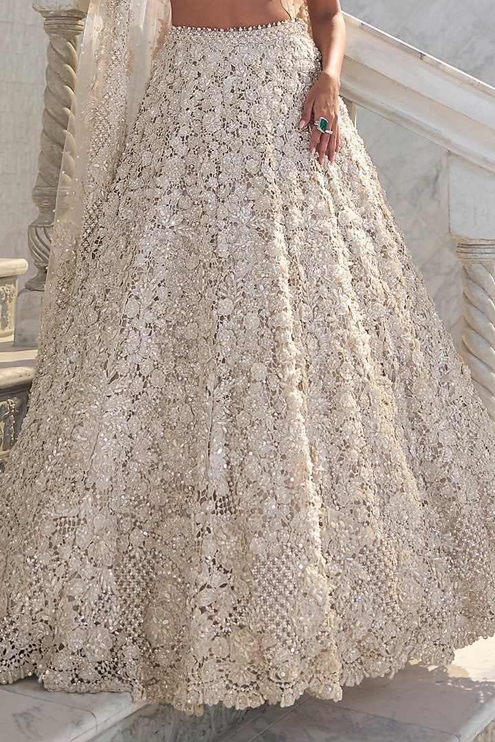 Ivory Net Crystal Embroidered Bridal Lehenga Set by Seema Gujral at Pernia's Pop Up Shop