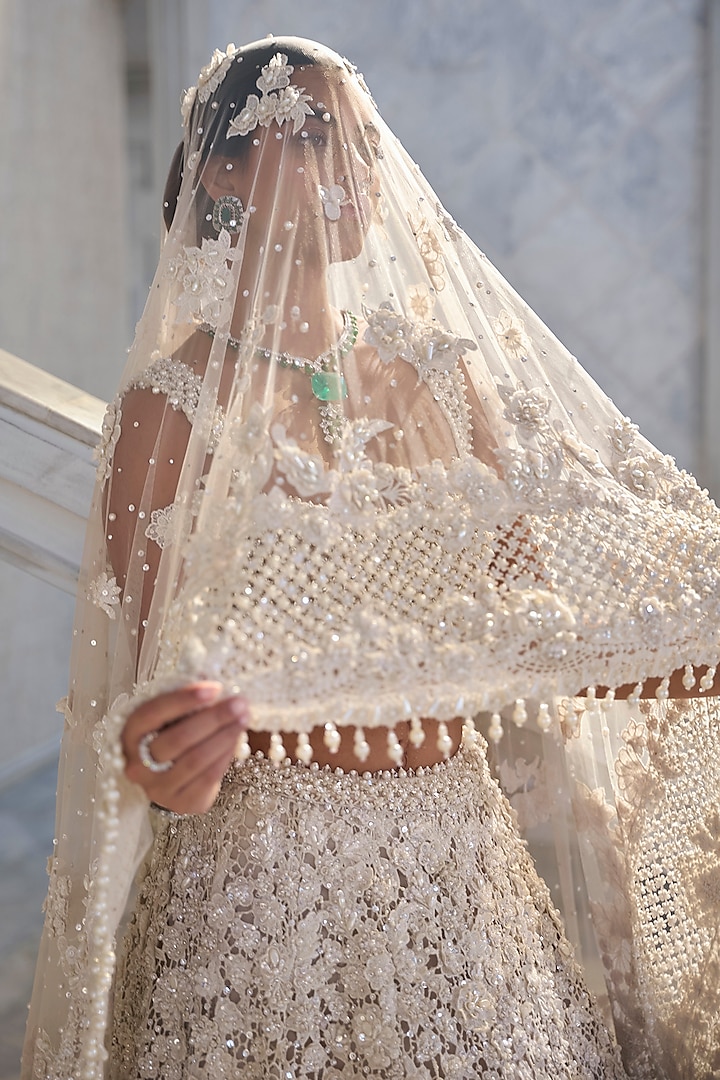 Ivory Net Crystal Embroidered Bridal Lehenga Set by Seema Gujral at Pernia's Pop Up Shop