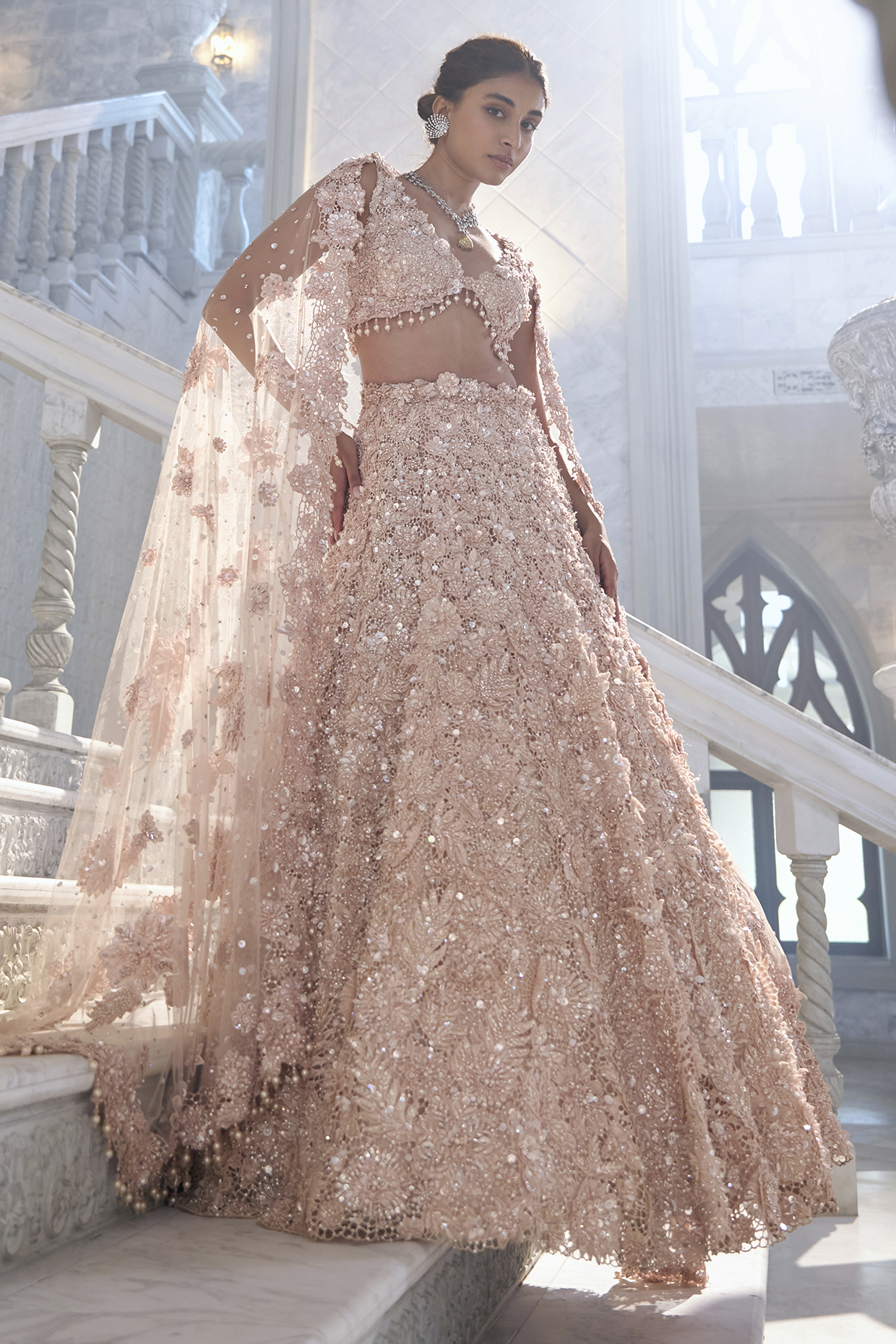 Peach Net Crystal Embroidered Bridal Lehenga Set by Seema Gujral at Pernia's Pop Up Shop