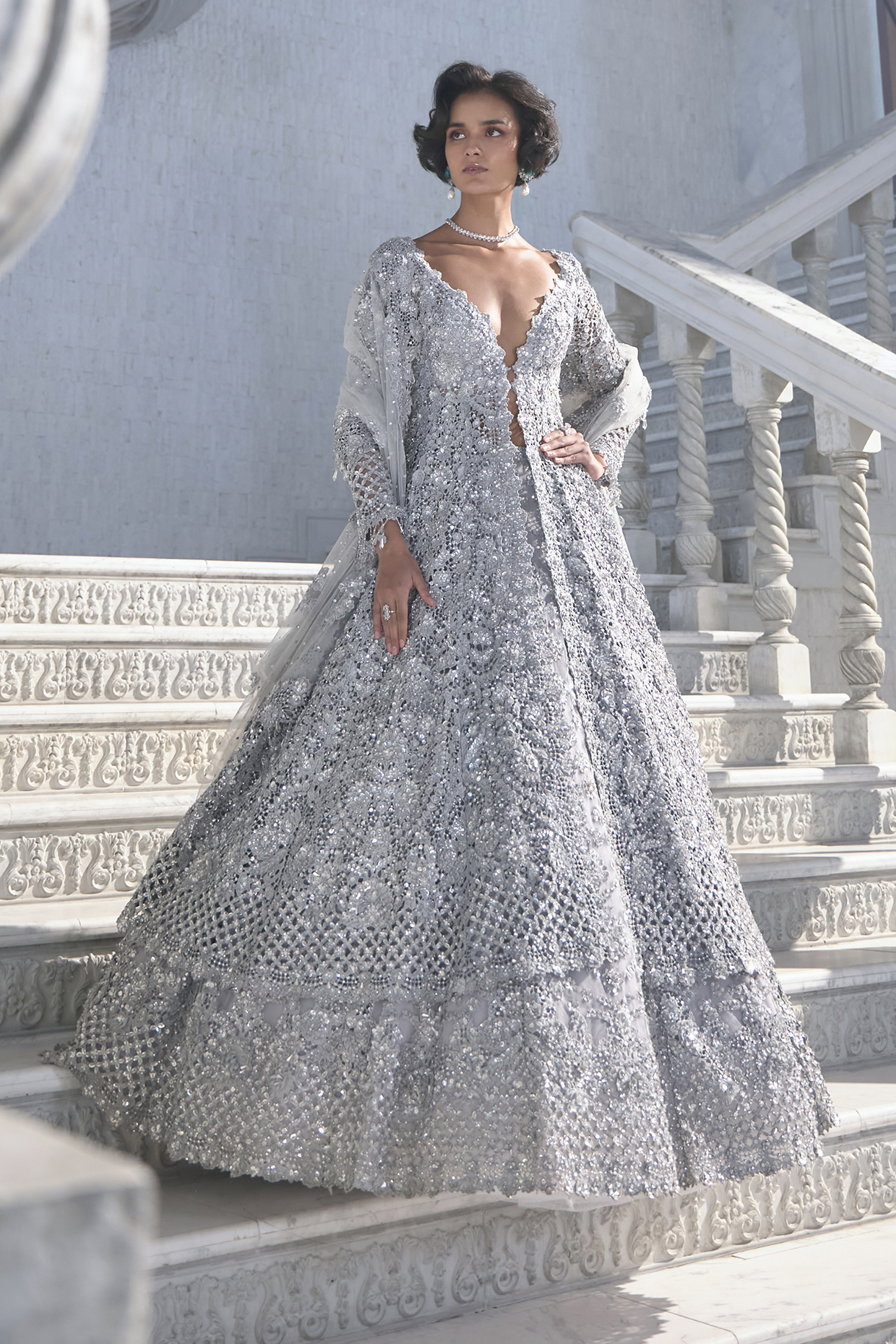Silver Net Embroidered Jacket Bridal Lehenga Set by Seema Gujral at Pernia's Pop Up Shop