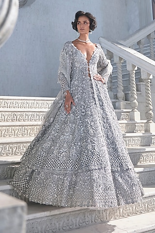Silver Net Embroidered Jacket Lehenga Set by Seema Gujral