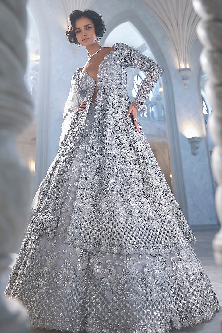 Silver Net Embroidered Jacket Bridal Lehenga Set by Seema Gujral at Pernia's Pop Up Shop