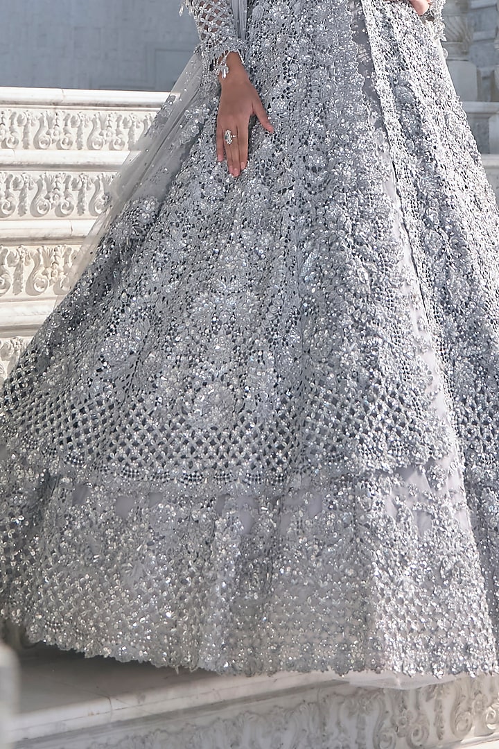 Silver Net Embroidered Jacket Bridal Lehenga Set by Seema Gujral at Pernia's Pop Up Shop