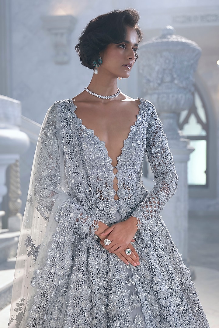Silver Net Embroidered Jacket Bridal Lehenga Set by Seema Gujral at Pernia's Pop Up Shop