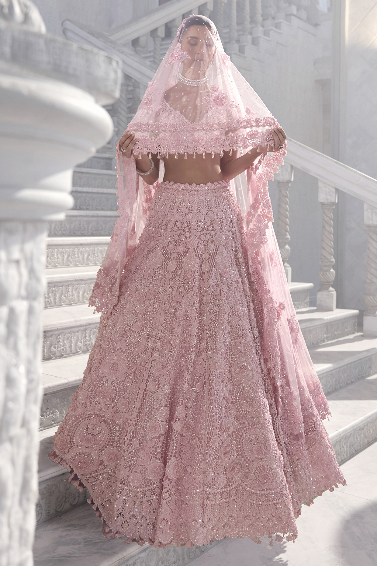 Pink Net Crystal Embroidered Bridal Lehenga Set by Seema Gujral at Pernia's Pop Up Shop