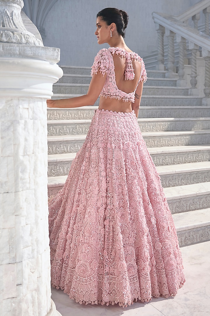 Pink Net Crystal Embroidered Bridal Lehenga Set by Seema Gujral at Pernia's Pop Up Shop