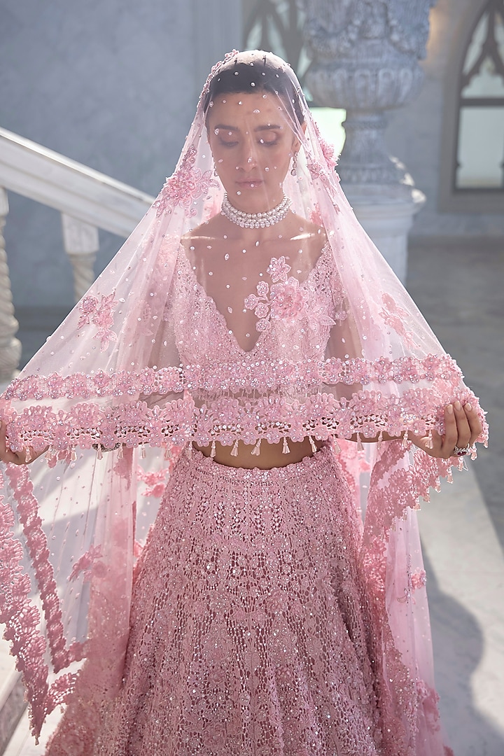 Pink Net Crystal Embroidered Bridal Lehenga Set by Seema Gujral at Pernia's Pop Up Shop