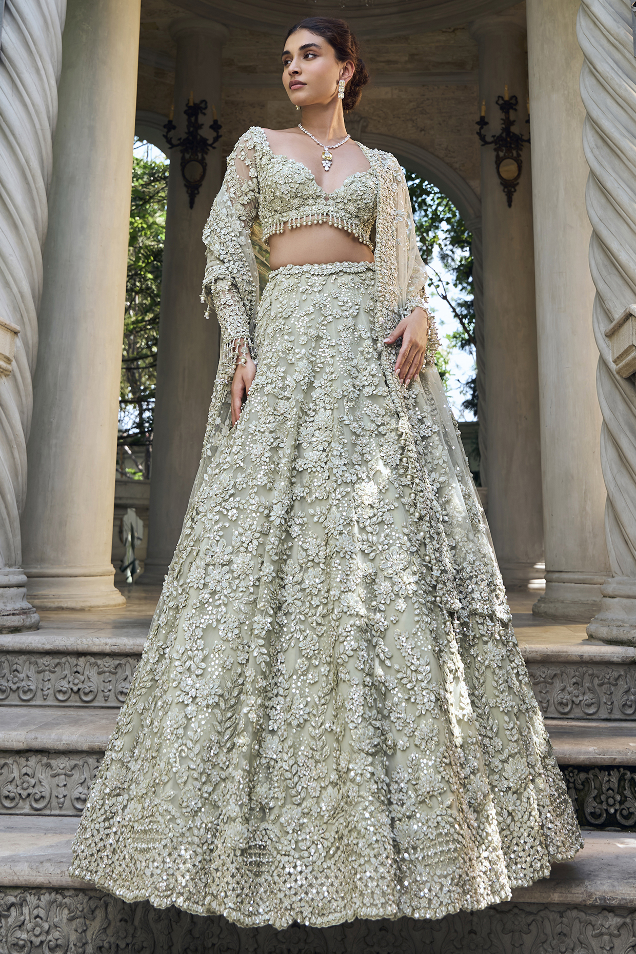Sage Green Net Sequins Embroidered Bridal Lehenga Set by Seema Gujral at Pernia's Pop Up Shop