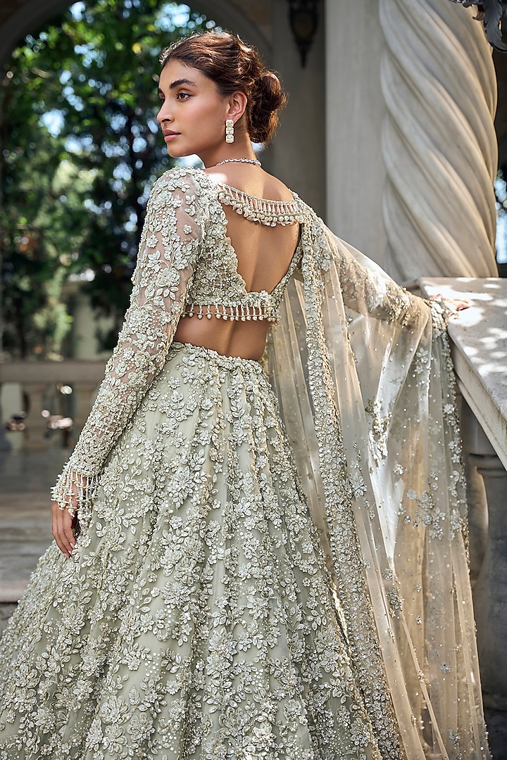 Sage Green Net Sequins Embroidered Bridal Lehenga Set by Seema Gujral at Pernia's Pop Up Shop