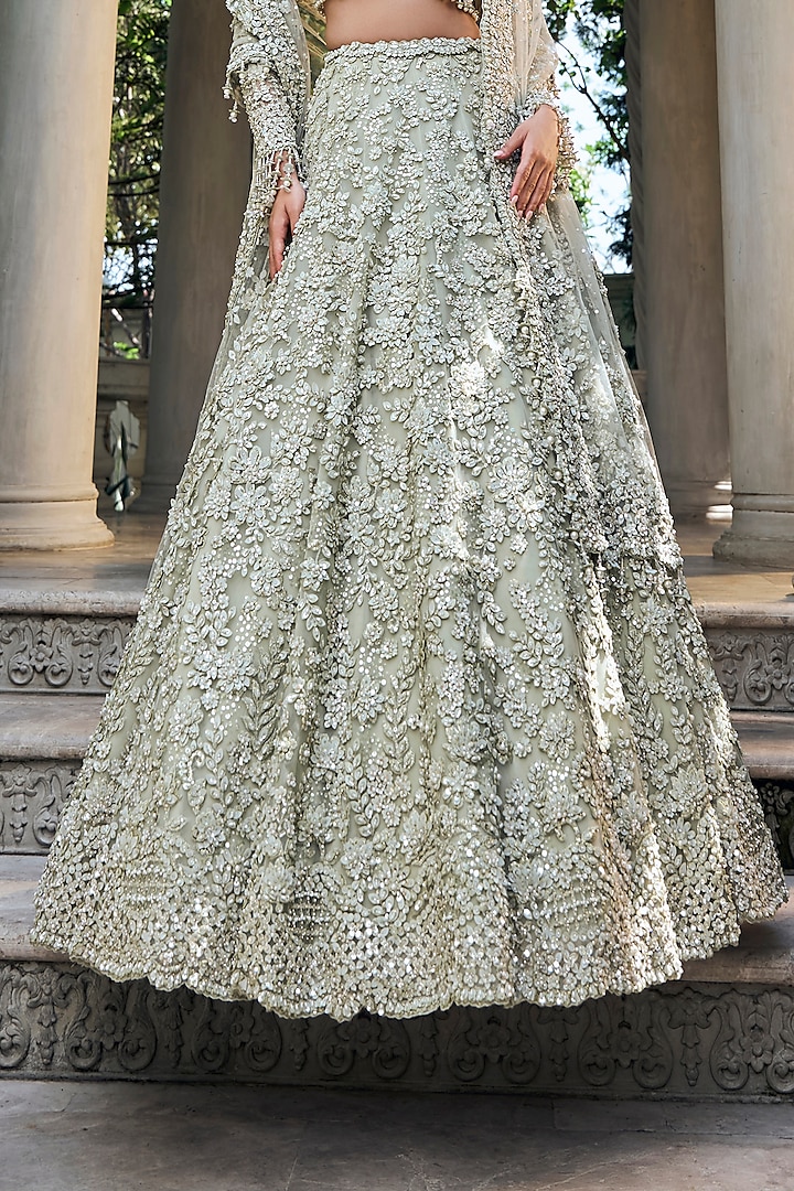 Sage Green Net Sequins Embroidered Bridal Lehenga Set by Seema Gujral at Pernia's Pop Up Shop