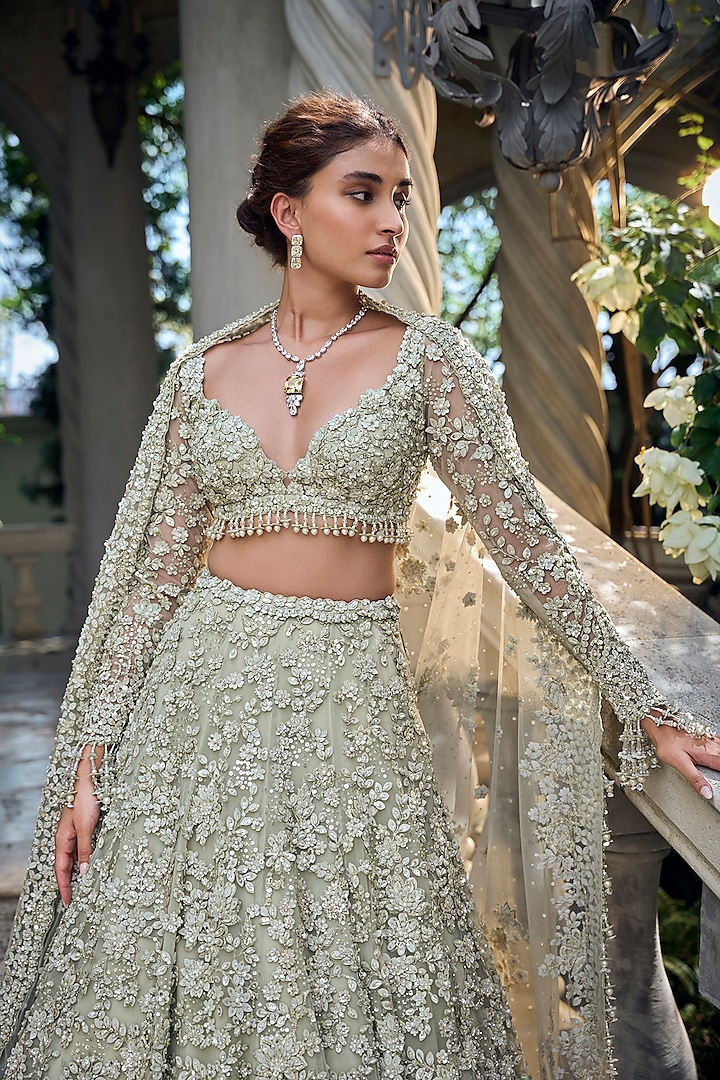 Sage Green Net Sequins Embroidered Bridal Lehenga Set by Seema Gujral at Pernia's Pop Up Shop