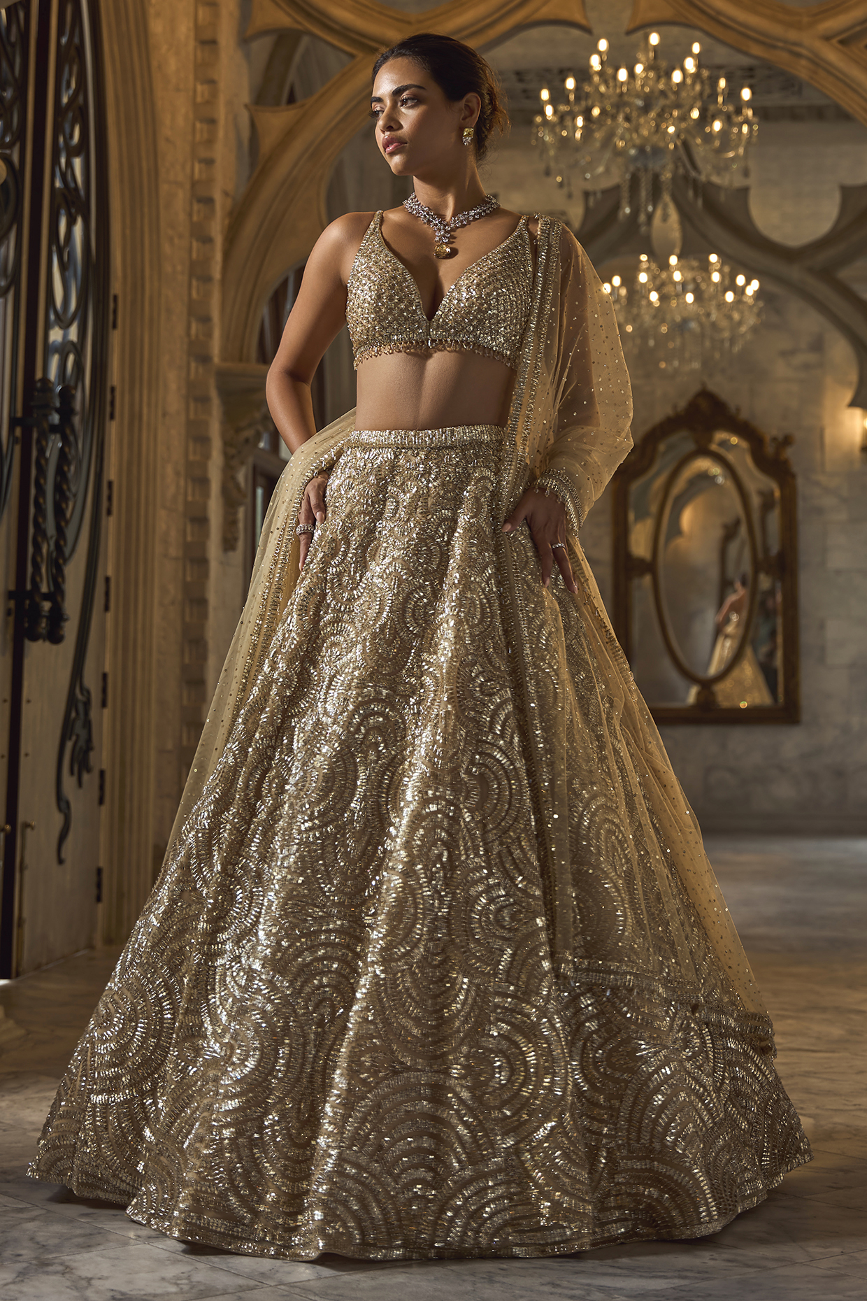 Gold Net Sequins Embroidered Bridal Lehenga Set by Seema Gujral at Pernia's Pop Up Shop