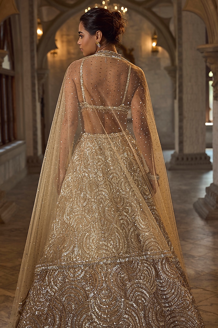 Gold Net Sequins Embroidered Bridal Lehenga Set by Seema Gujral at Pernia's Pop Up Shop