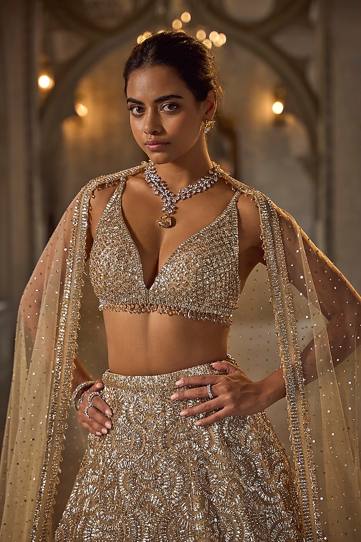 Gold Net Sequins Embroidered Bridal Lehenga Set by Seema Gujral at Pernia's Pop Up Shop