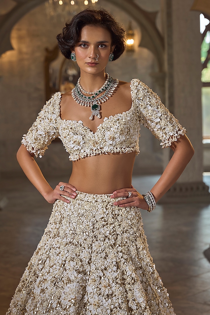 Ivory Net Crystal Bridal Lehenga Set by Seema Gujral at Pernia's Pop Up Shop
