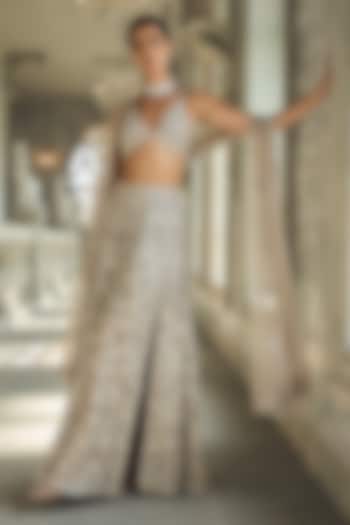 Ash Grey Organza Sequins Embroidered Skirt Set by Seema Gujral at Pernia's Pop Up Shop