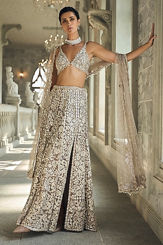 Ash Grey Organza Sequins Embroidered Skirt Set by Seema Gujral