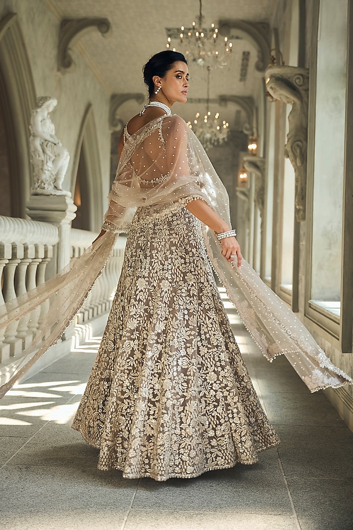 Ash Grey Organza Sequins Embroidered Skirt Set by Seema Gujral at Pernia's Pop Up Shop