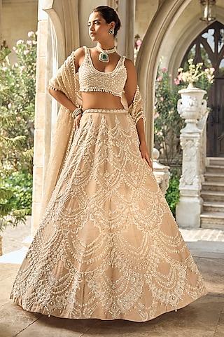 Nude Tissue Silk Sequins Embroidered Lehenga Set by Seema Gujral