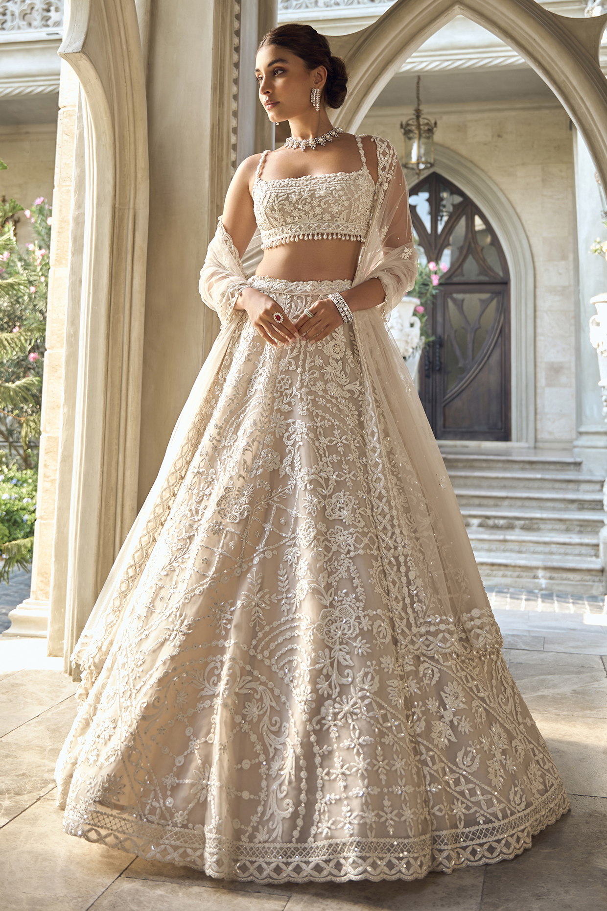 Nude Net Sequins Embroidered Bridal Lehenga Set by Seema Gujral at Pernia's Pop Up Shop