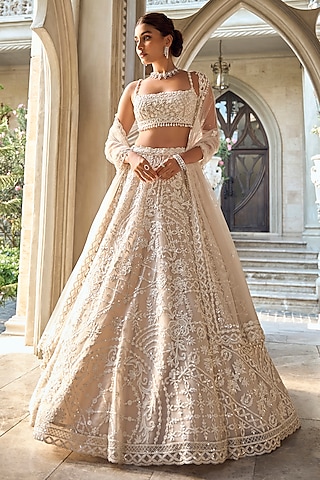 Nude Net Sequins Embroidered Lehenga Set by Seema Gujral