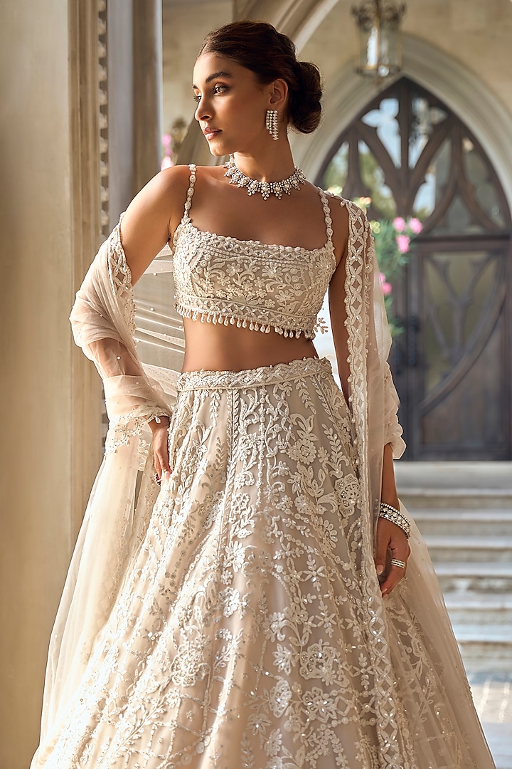 Nude Net Sequins Embroidered Bridal Lehenga Set by Seema Gujral at Pernia's Pop Up Shop