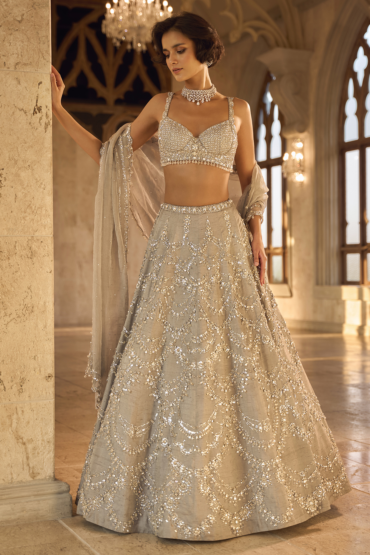 Silver Shimmer Raw Silk Sequins Embroidered Bridal Lehenga Set by Seema Gujral at Pernia's Pop Up Shop