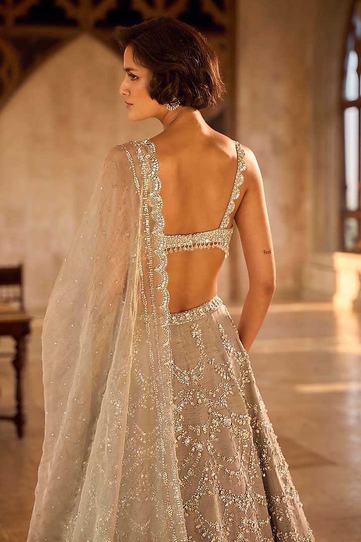 Gleaming Silver Elegance Sequins & Foil Work Lehenga Set