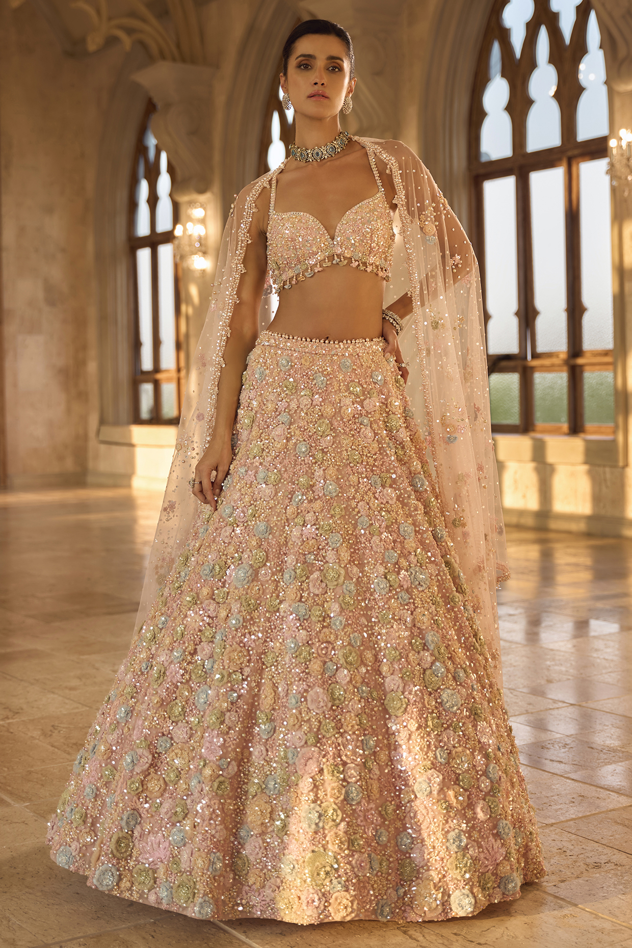 Multi-Coloured Net Floral Embroidered Bridal Lehenga Set by Seema Gujral at Pernia's Pop Up Shop