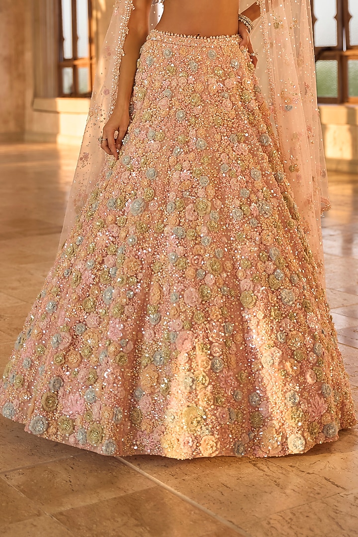 Multi-Coloured Net Floral Embroidered Bridal Lehenga Set by Seema Gujral at Pernia's Pop Up Shop