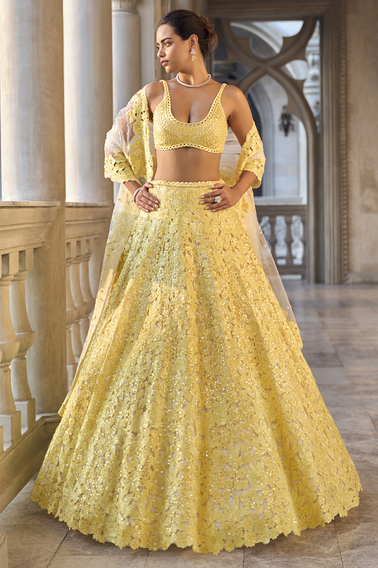 Yellow Net Floral Embroidered Bridal Lehenga Set by Seema Gujral at Pernia's Pop Up Shop
