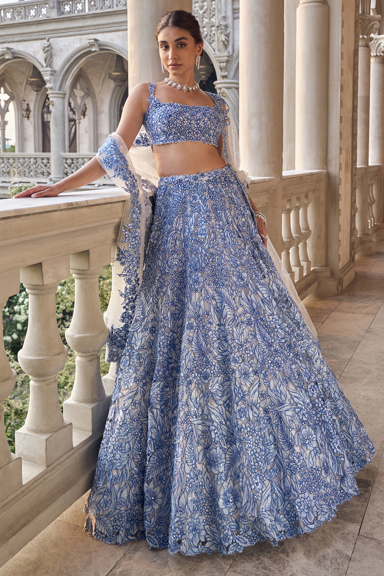 Blue Net Floral Embroidered Bridal Lehenga Set by Seema Gujral at Pernia's Pop Up Shop