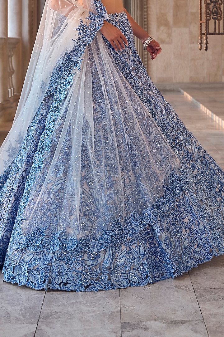 Blue Net Floral Embroidered Bridal Lehenga Set by Seema Gujral at Pernia's Pop Up Shop
