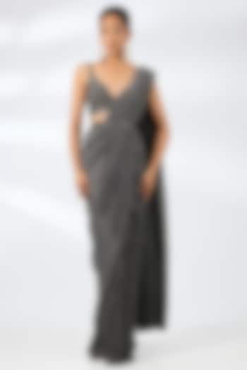 Dark Grey Lurex Embroidered Pre-Draped Wedding Saree Set by Seema Gujral at Pernia's Pop Up Shop