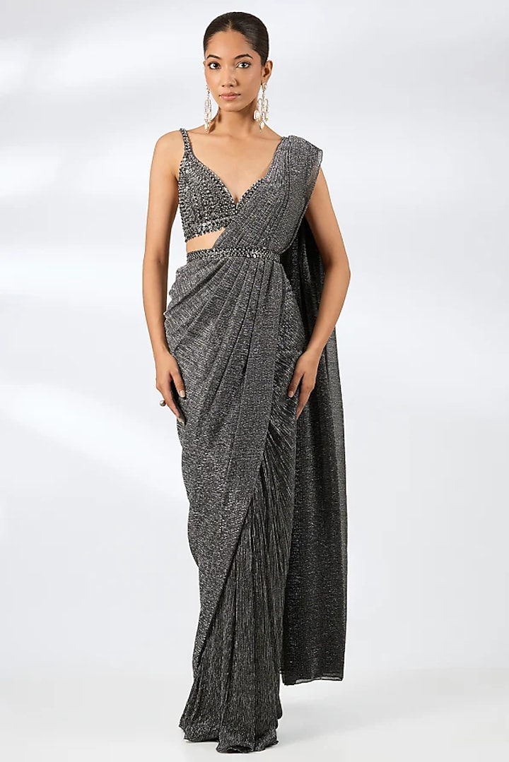 Dark Grey Lurex Embroidered Pre-Draped Wedding Saree Set by Seema Gujral at Pernia's Pop Up Shop