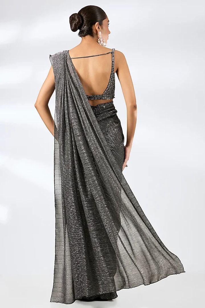 Dark Grey Lurex Embroidered Pre-Draped Wedding Saree Set by Seema Gujral at Pernia's Pop Up Shop