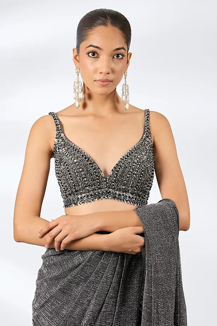 Dark Grey Lurex Embroidered Pre-Draped Wedding Saree Set by Seema Gujral at Pernia's Pop Up Shop